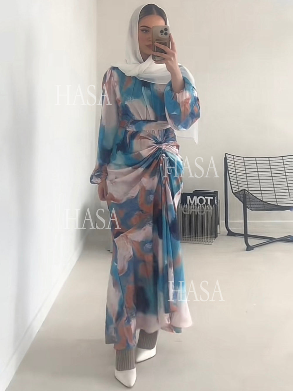 HASASERIES HS1228 Printemps Nouvelle Mode Style Graffiti Manches Bulles Robe Longue
