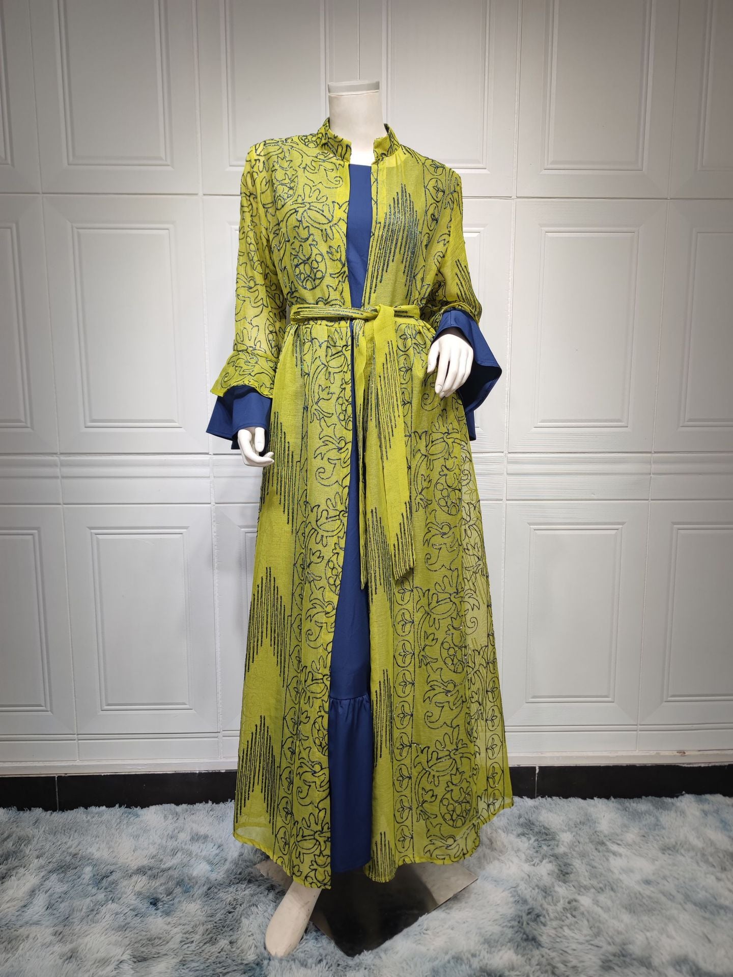 HS0445 2 pièces costume moyen-orient robe de soirée transfrontalière dame musulmane manches en feuille de lotus nouvelle robe abaya robe