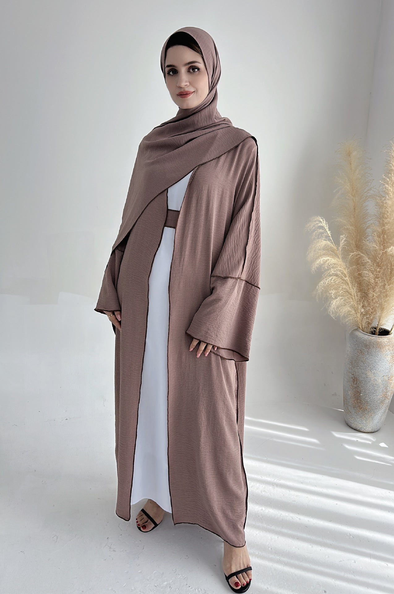 HASA HS1246H 2 PCS SET Crepe Solid Color Loose Hem Cardigan Robe with Hijab