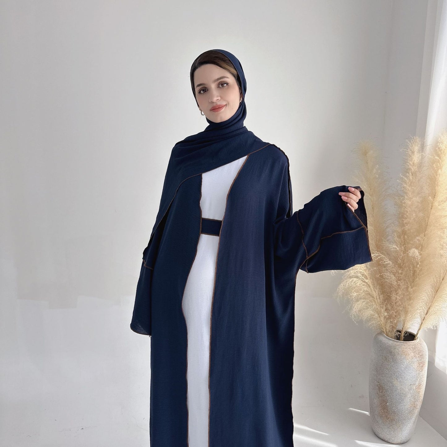 HASA HS1246H 2 PCS SET Crepe Solid Color Loose Hem Cardigan Robe with Hijab