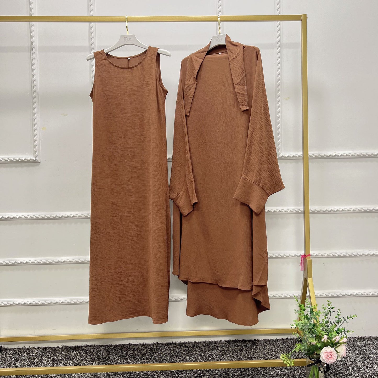 HS0464 2 PCS SET Middle Eastern Solid Color Robe Set Dress