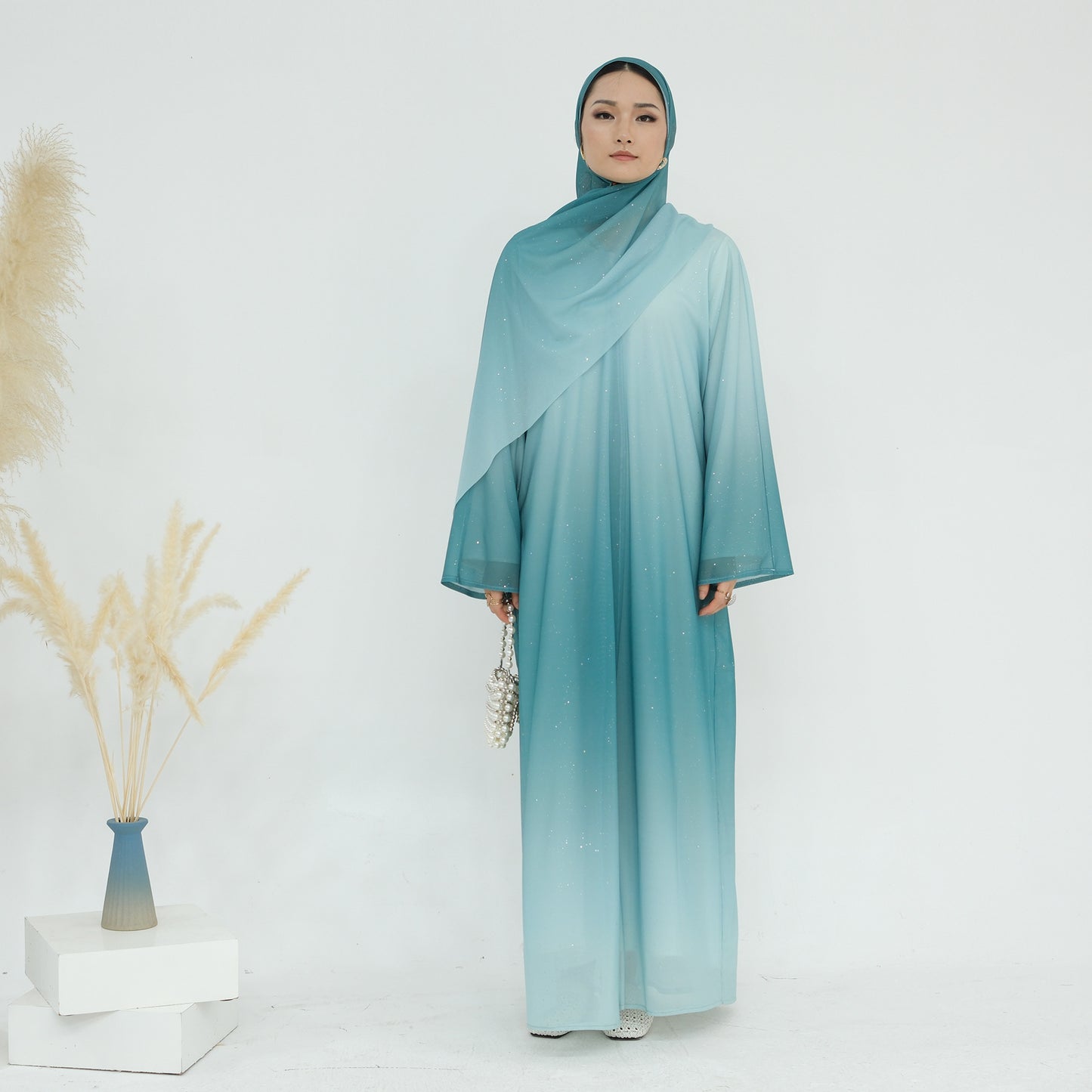 HS6617 Gradient Color Long Cardigan Two-Piece Set (Including Headscarf)