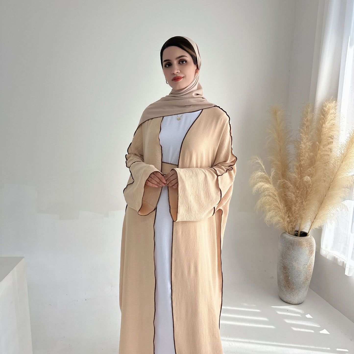 HASA HS1246H 2 PCS SET Crepe Solid Color Loose Hem Cardigan Robe with Hijab