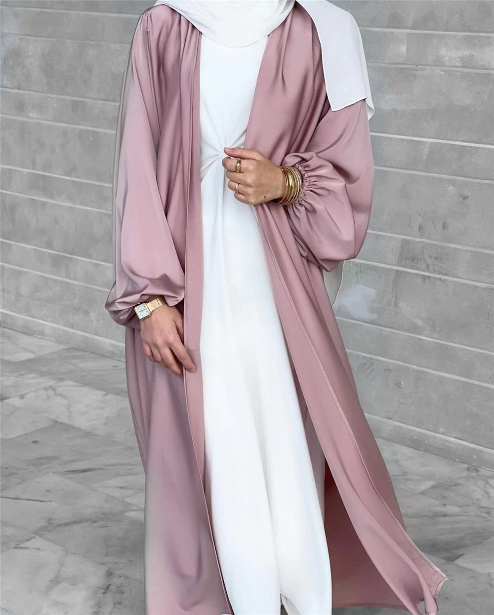 HS0481 Solid Color Satin Coat Robe Open Abaya