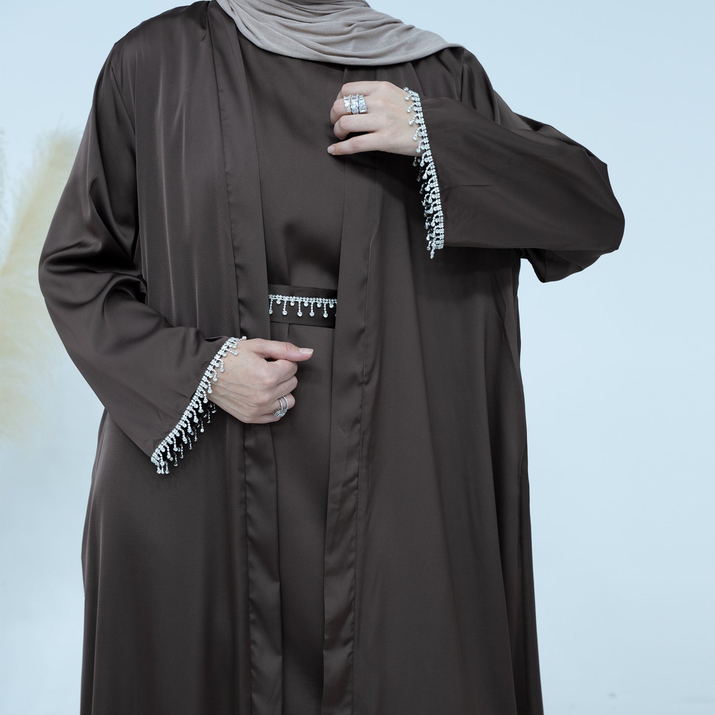 HASASERIES HS1005 4pcs Set Cardigan+without Sleeves Inner Dress+Crystal Chain+Hijab
