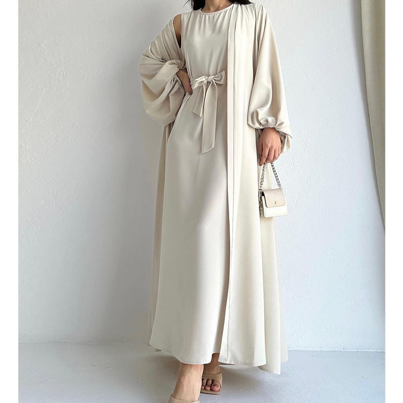 HS0479 Two Pieces Set Nidha Open Abaya with Bubble Sleeves and Inner Dress