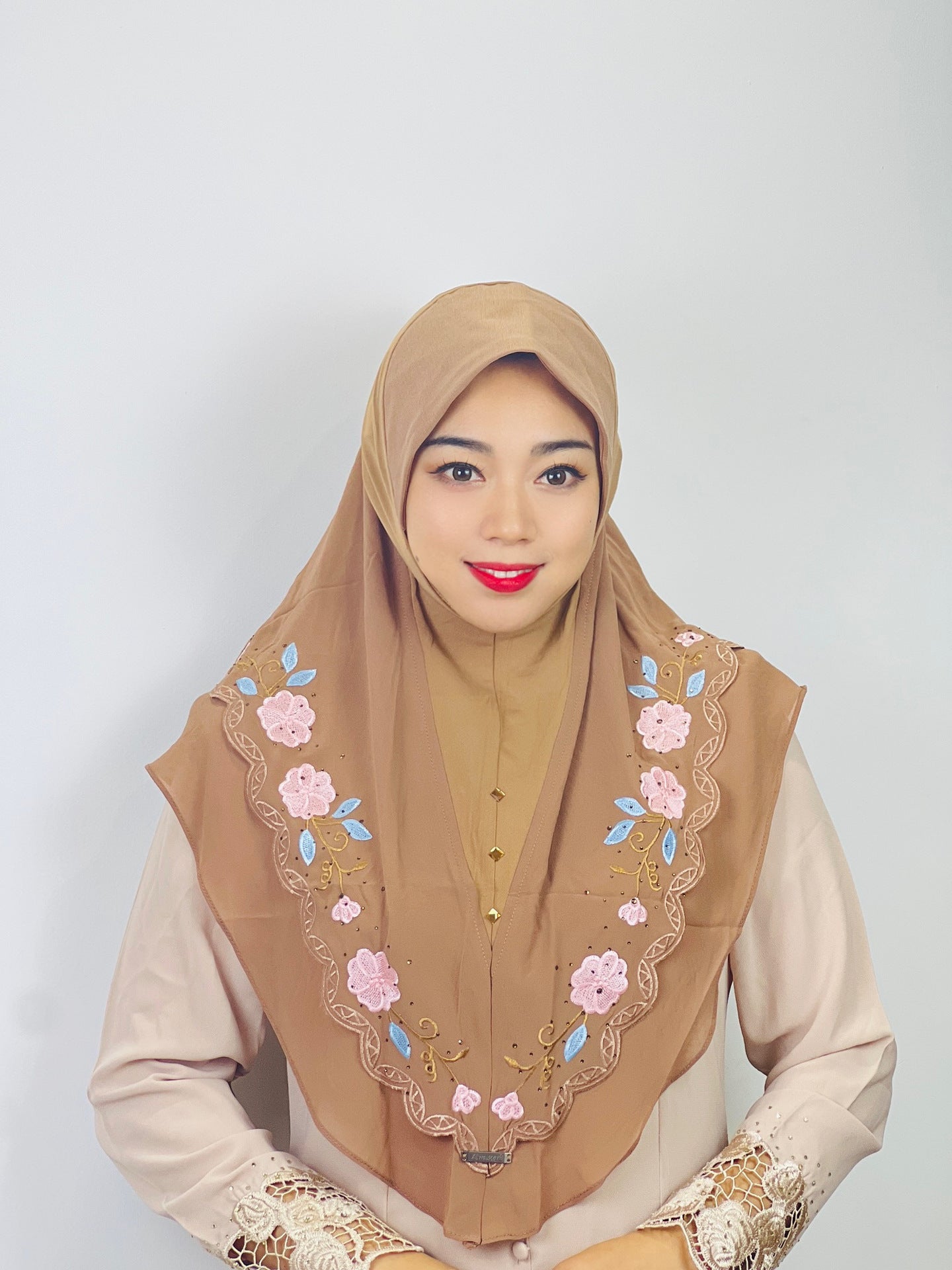 HASASERIES HS1105 Double Layered Floral Embroidered Lace Headscarf for Women