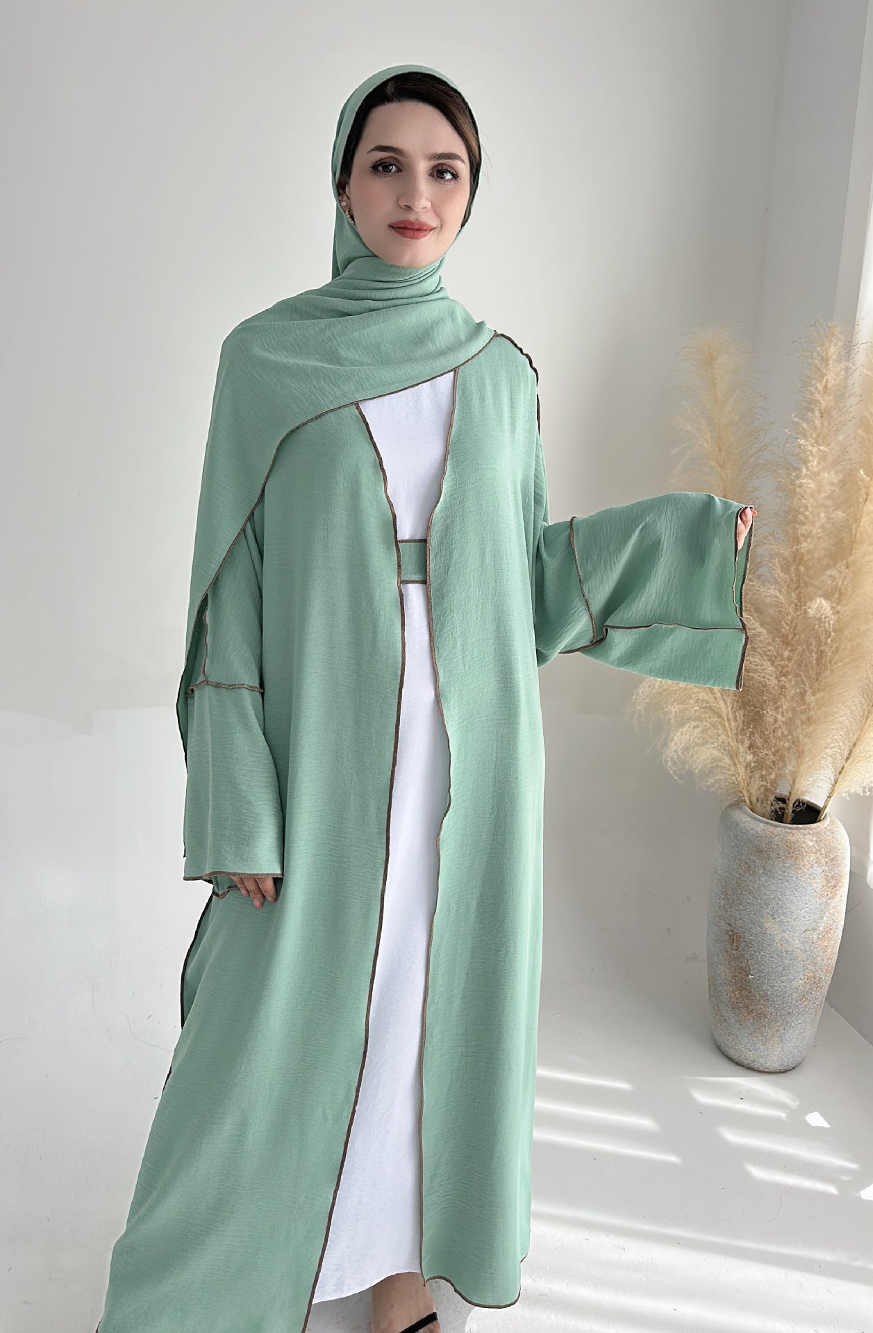 HASA HS1246H 2 PCS SET Crepe Solid Color Loose Hem Cardigan Robe with Hijab