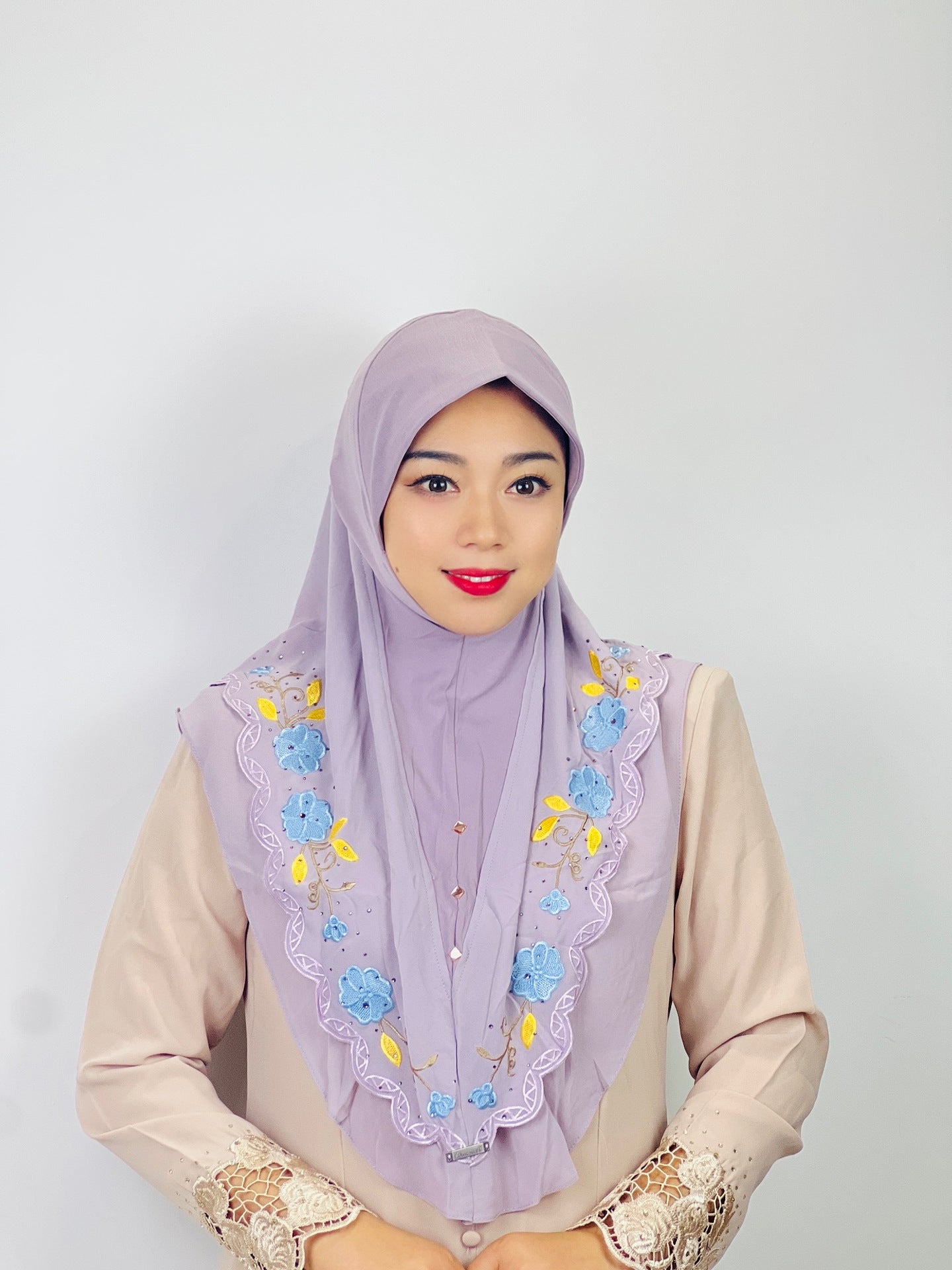 HASASERIES HS1105 Double Layered Floral Embroidered Lace Headscarf for Women