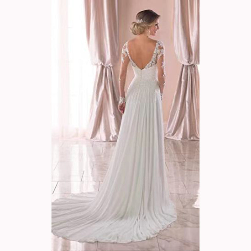 HS3494 robe de mariée légère en dentelle à dos nu et à manches longues et col en V