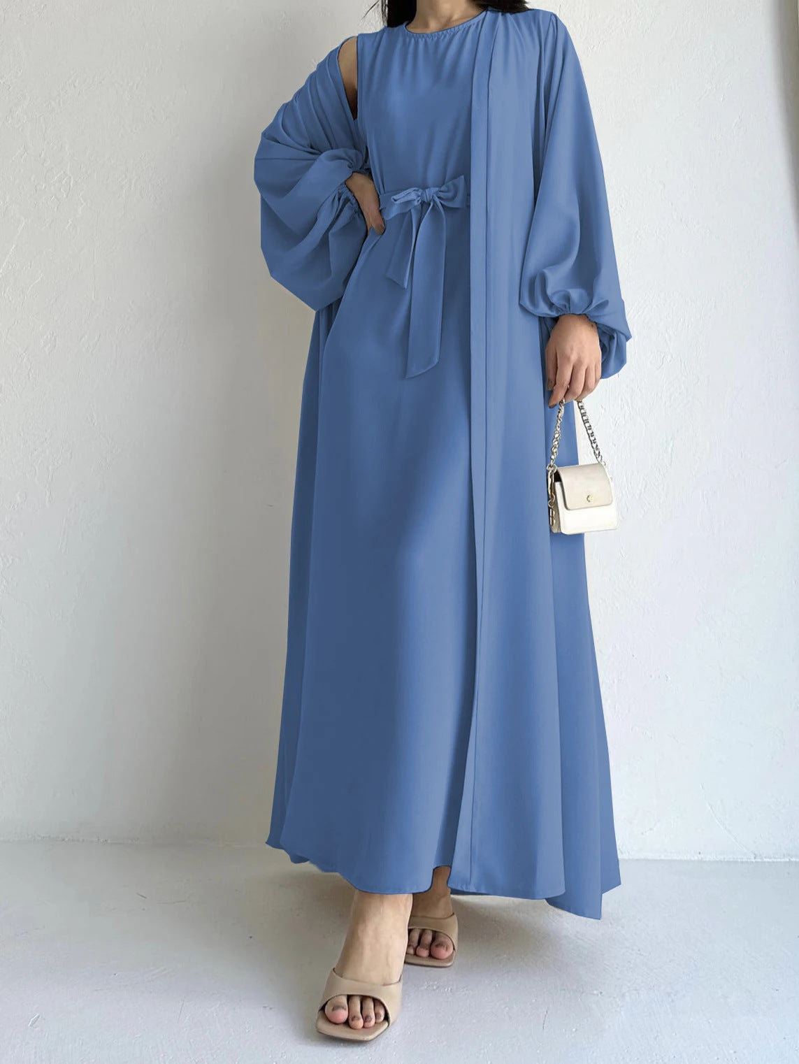 HS0479 Two Pieces Set Nidha Open Abaya with Bubble Sleeves and Inner Dress