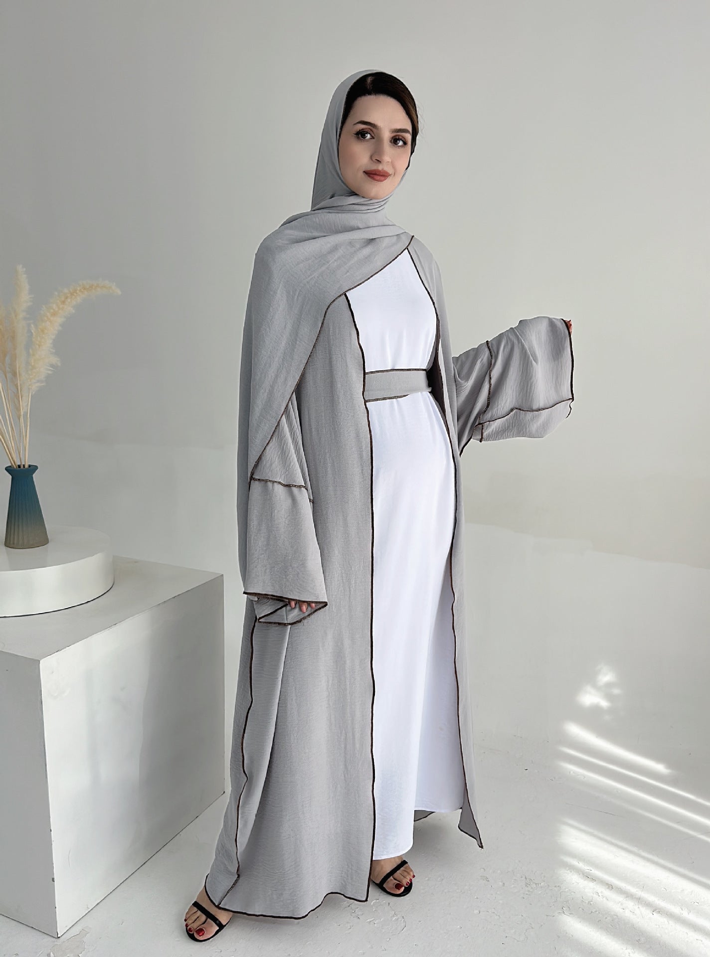HASA HS1246H 2 PCS SET Crepe Solid Color Loose Hem Cardigan Robe with Hijab