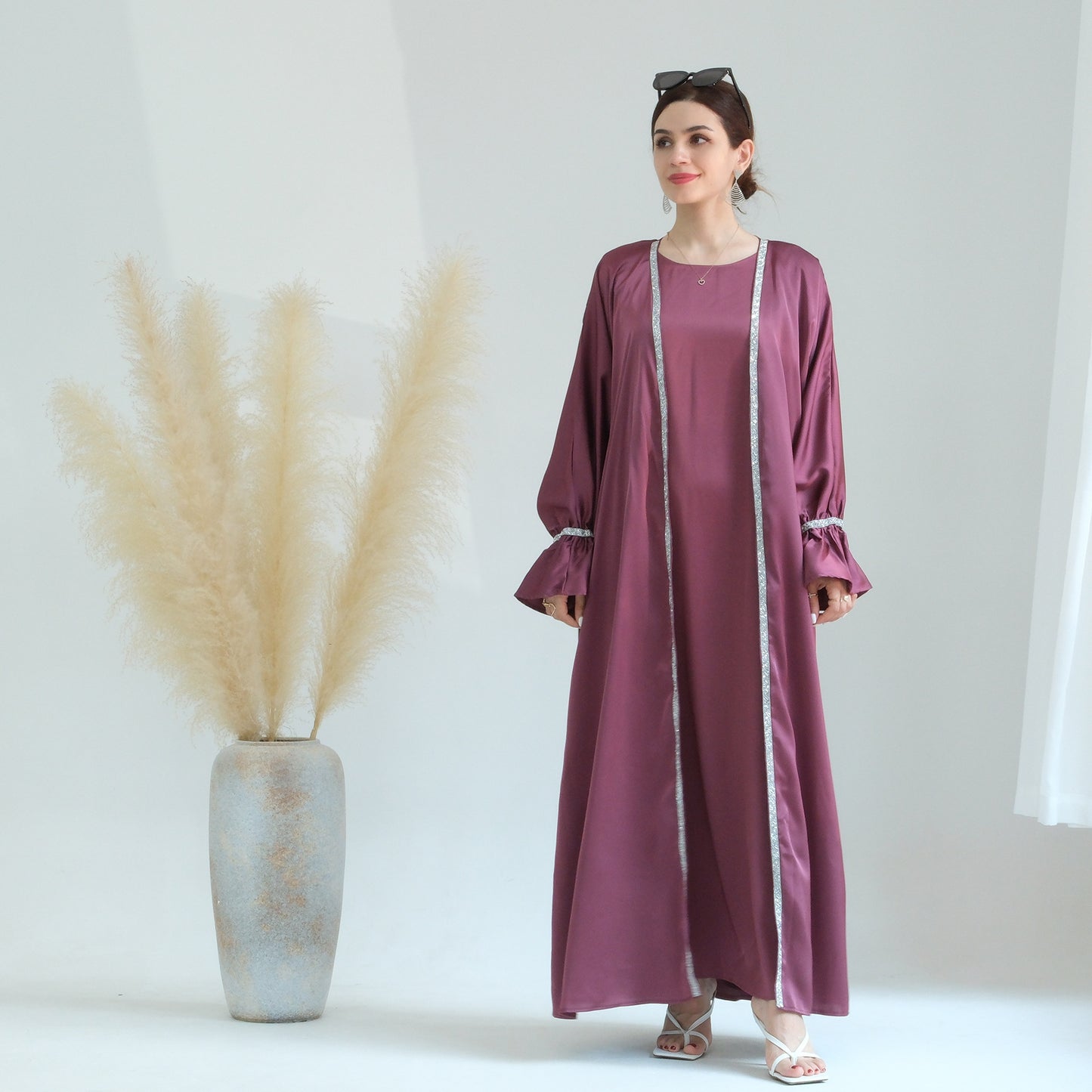 HASASERIES HS0567 Beaded Trumpet Sleeve Robe and Sleeveless Skirt with Inside Two-piece Suit