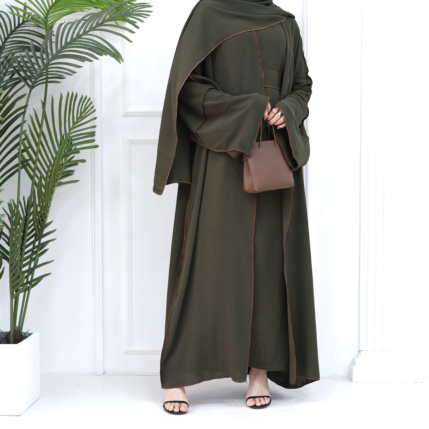 HASASERIES HS1095 3pcs Set Cardigan+without Sleeves Inner Dress+Hijab