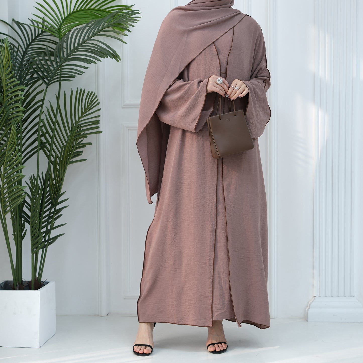HASASERIES HS1095 3pcs Set Cardigan+without Sleeves Inner Dress+Hijab