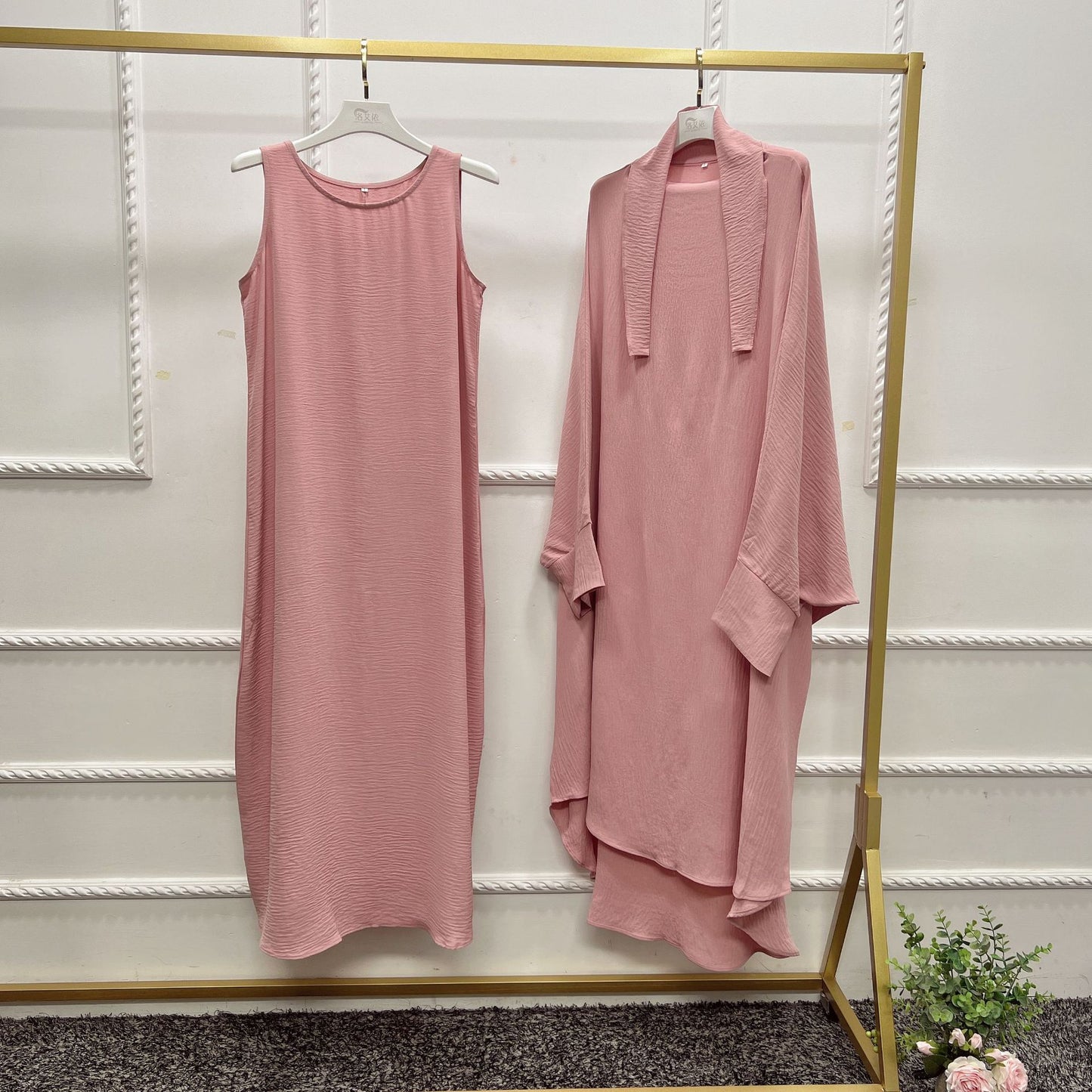 HS0464 2 PCS SET Middle Eastern Solid Color Robe Set Dress