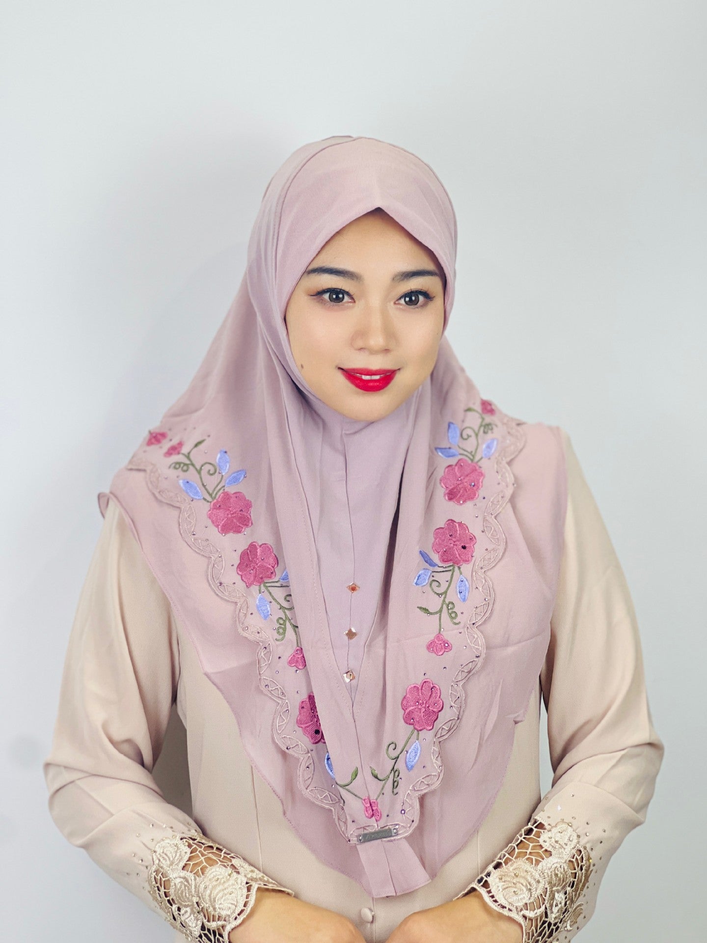 HASASERIES HS1105 Double Layered Floral Embroidered Lace Headscarf for Women