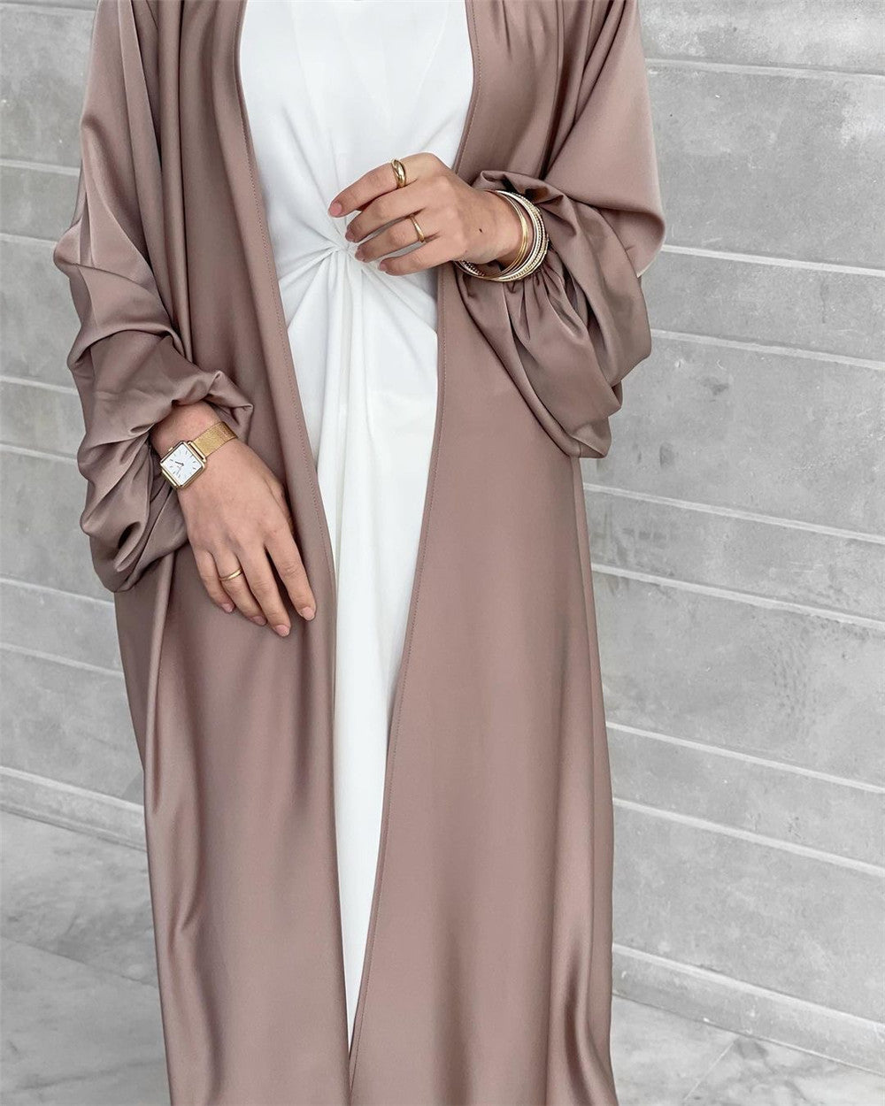HS0481 Solid Color Satin Coat Robe Open Abaya