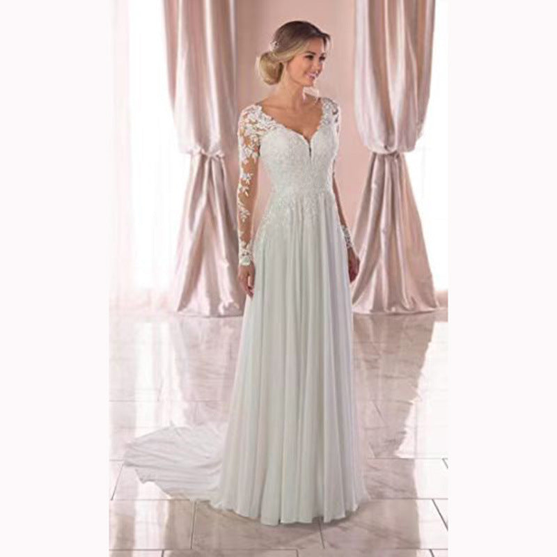 HS3494 robe de mariée légère en dentelle à dos nu et à manches longues et col en V