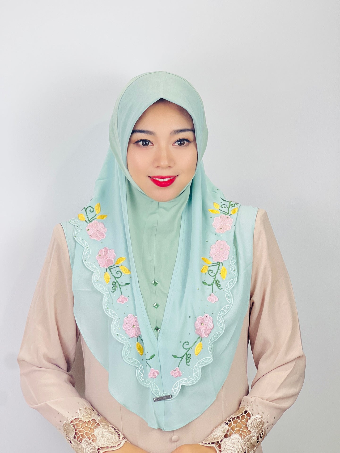 HASASERIES HS1105 Double Layered Floral Embroidered Lace Headscarf for Women