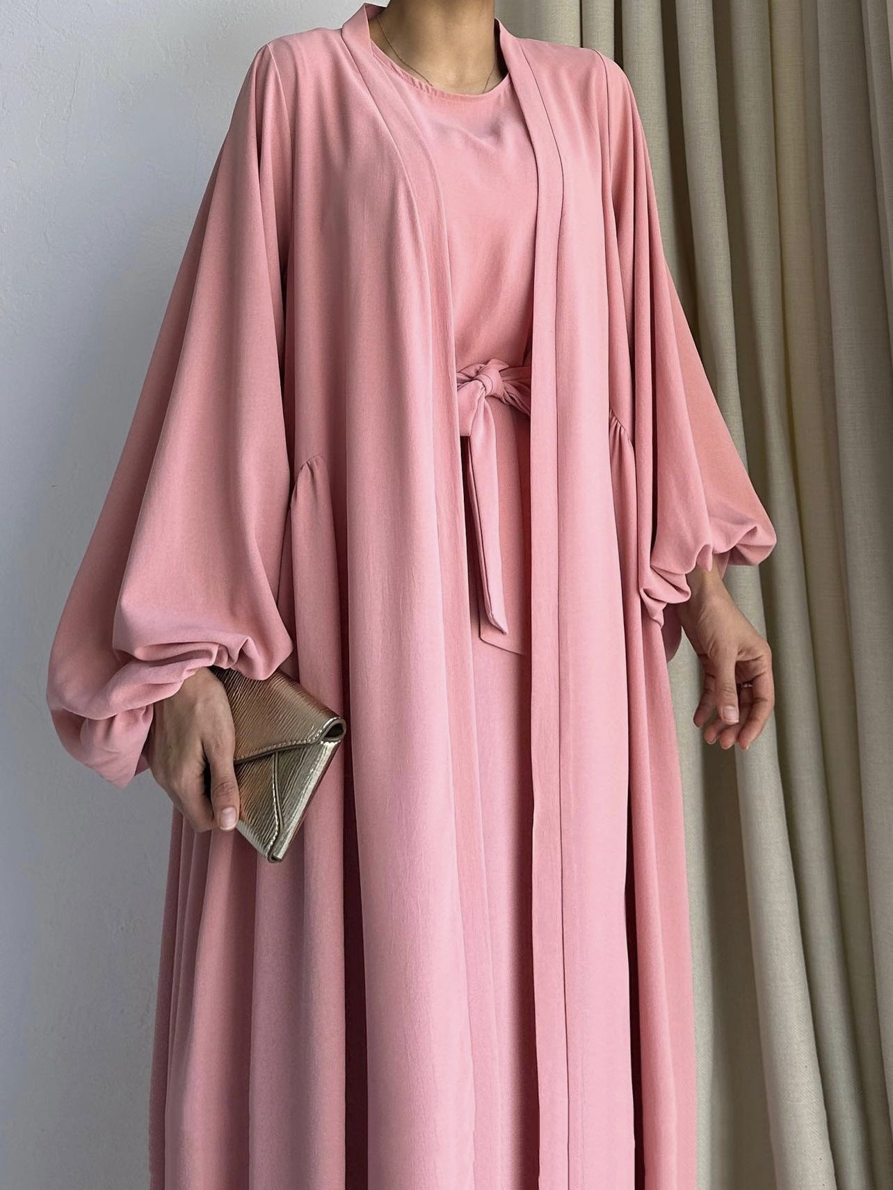 HS0479 Two Pieces Set Nidha Open Abaya with Bubble Sleeves and Inner Dress
