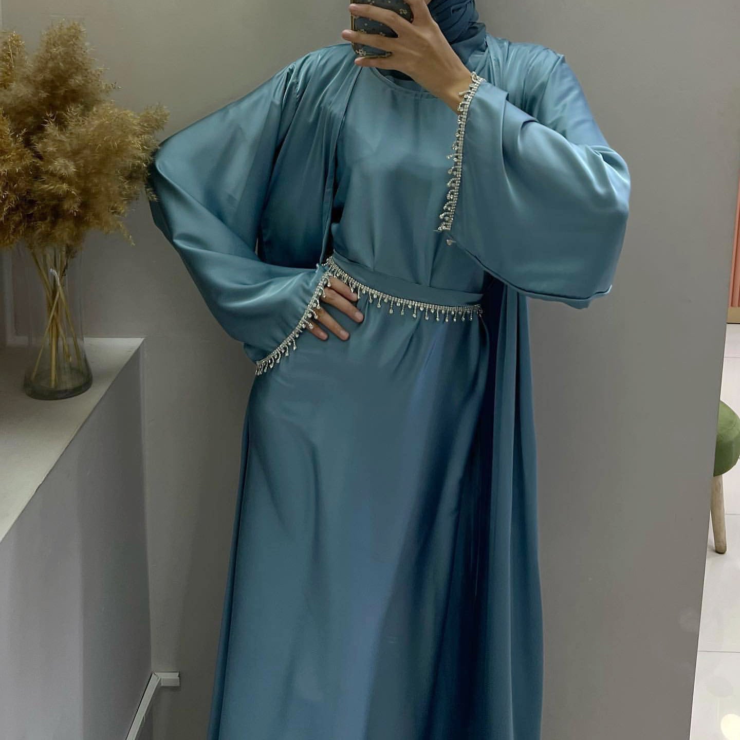 HASASERIES HS1005 4pcs Set Cardigan+without Sleeves Inner Dress+Crystal Chain+Hijab
