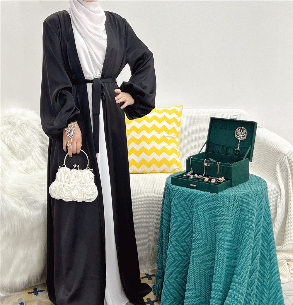 HS0481 Solid Color Satin Coat Robe Open Abaya