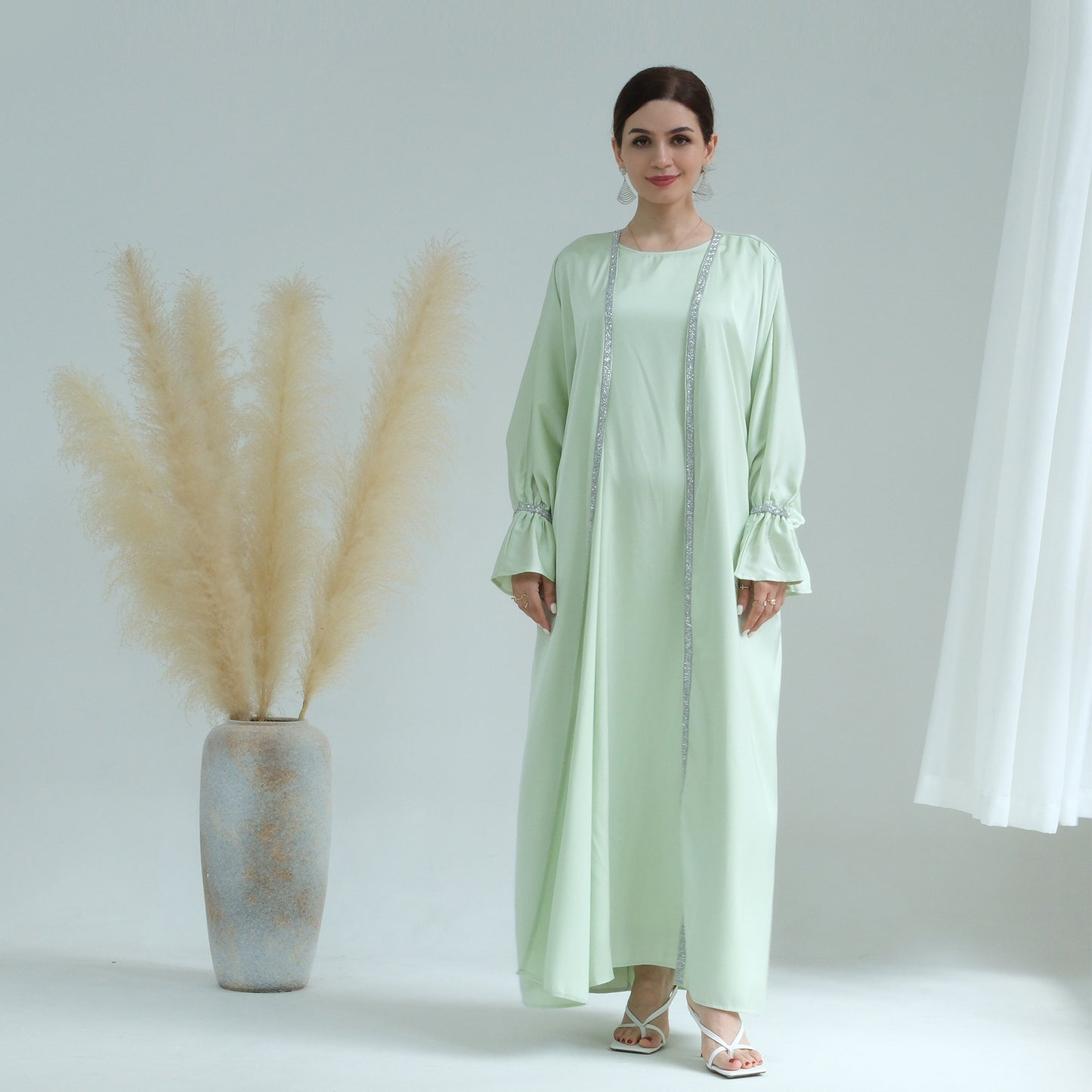 HASASERIES HS0567 Beaded Trumpet Sleeve Robe and Sleeveless Skirt with Inside Two-piece Suit