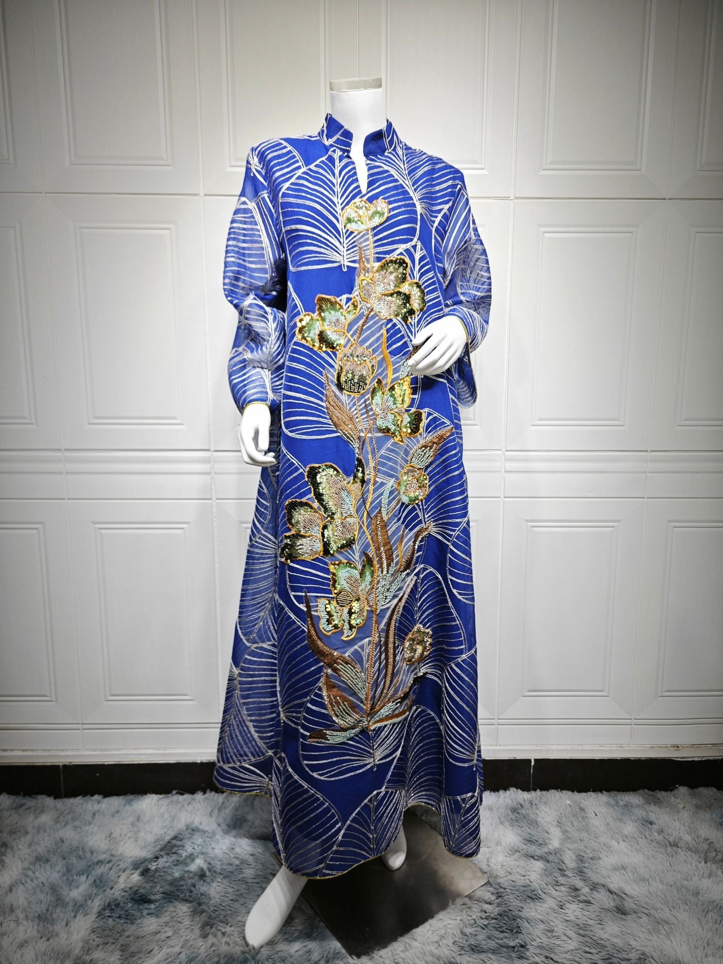 HS6657 Women's Long Robe Dress with Mesh Embroidery