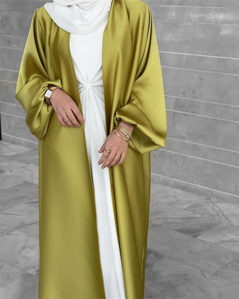 HS0481 Solid Color Satin Coat Robe Open Abaya