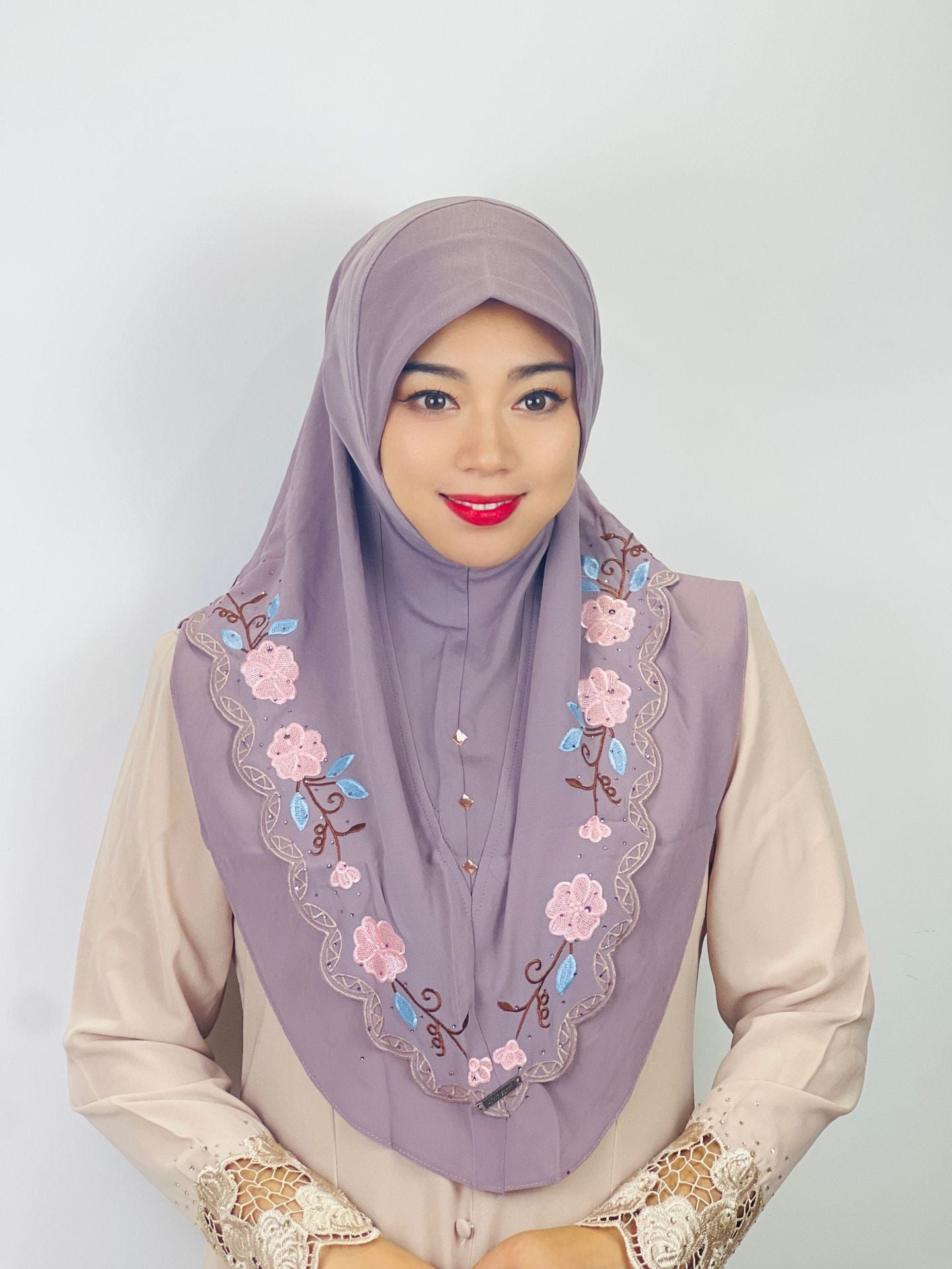 HASASERIES HS1105 Double Layered Floral Embroidered Lace Headscarf for Women