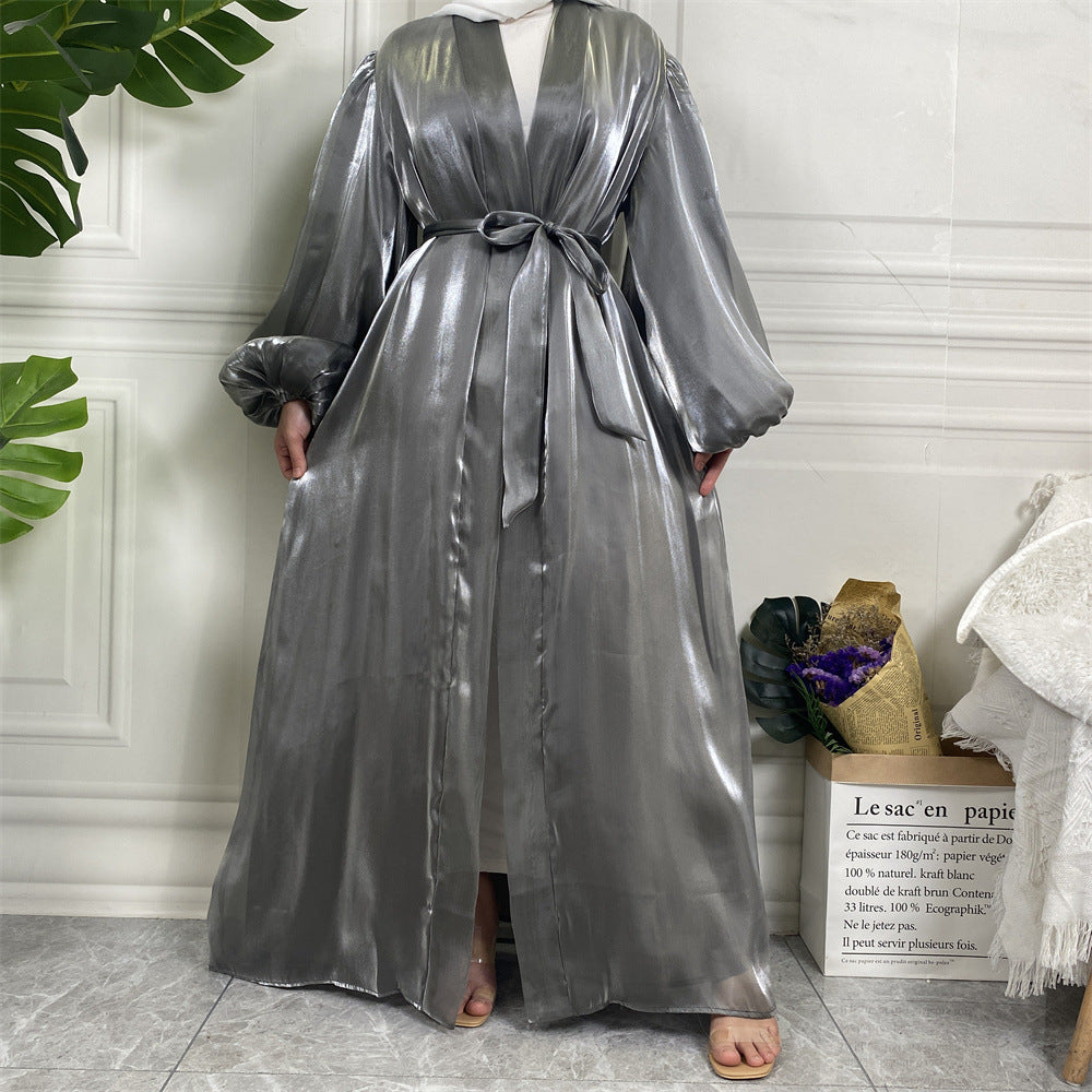 HASASERIES HS0929 Shiny Silk Balloon Sleeves Lined Cardigan