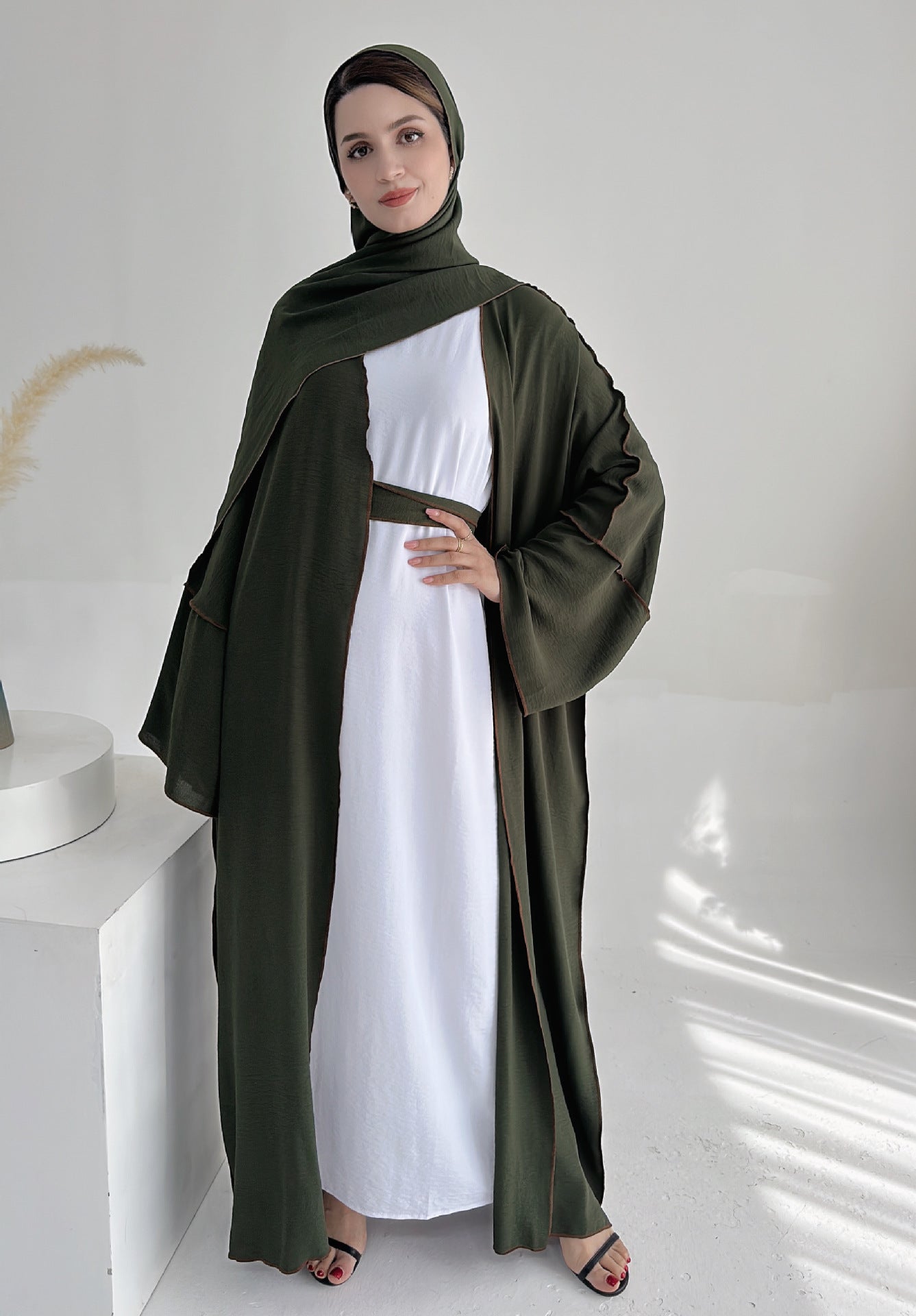 HASA HS1246H 2 PCS SET Crepe Solid Color Loose Hem Cardigan Robe with Hijab