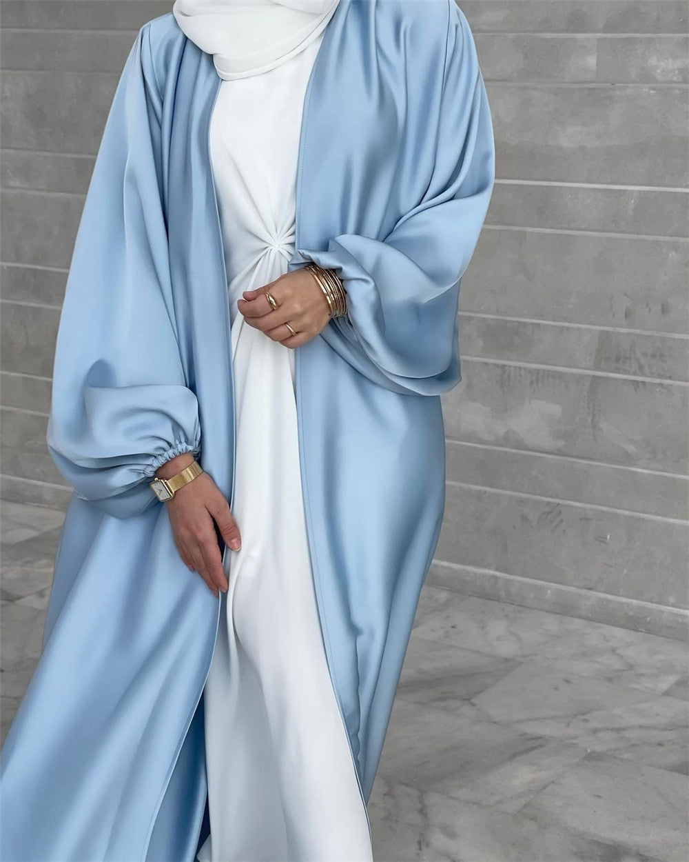 HS0481 Solid Color Satin Coat Robe Open Abaya