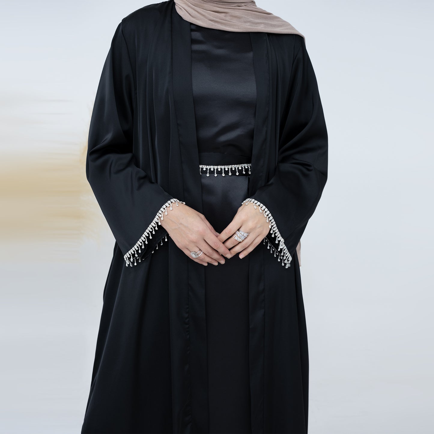 HASASERIES HS1005 4pcs Set Cardigan+without Sleeves Inner Dress+Crystal Chain+Hijab
