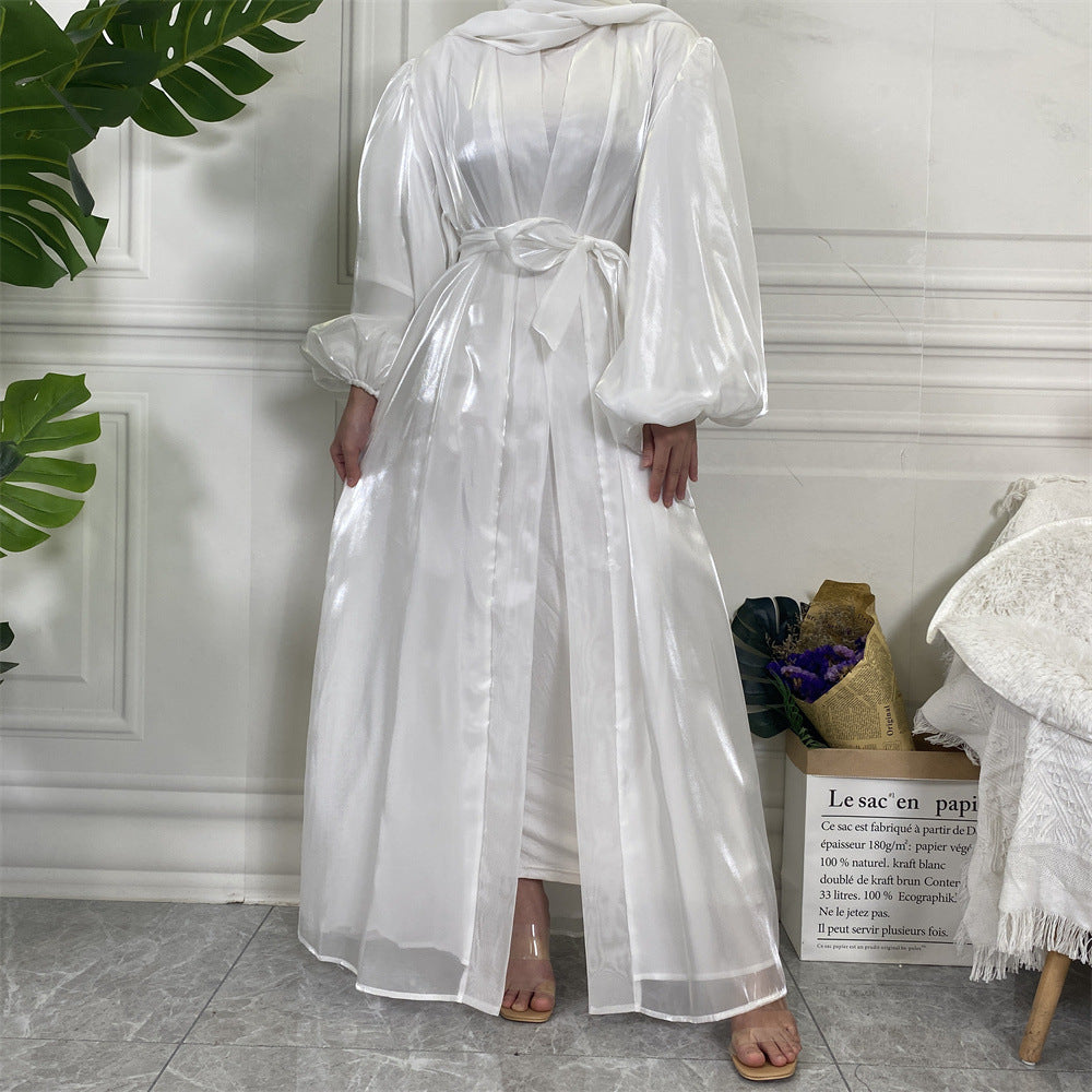 HASASERIES HS0929 Shiny Silk Balloon Sleeves Lined Cardigan