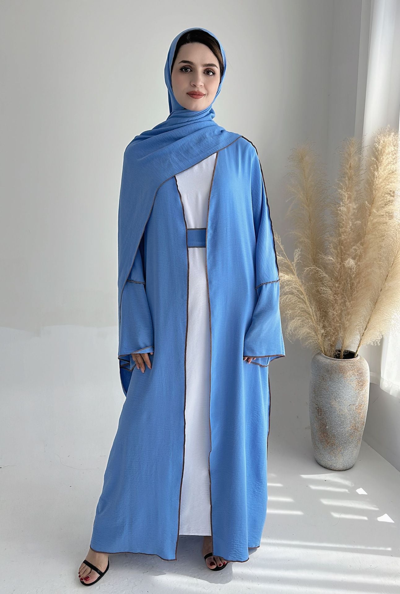 HASA HS1246H 2 PCS SET Crepe Solid Color Loose Hem Cardigan Robe with Hijab