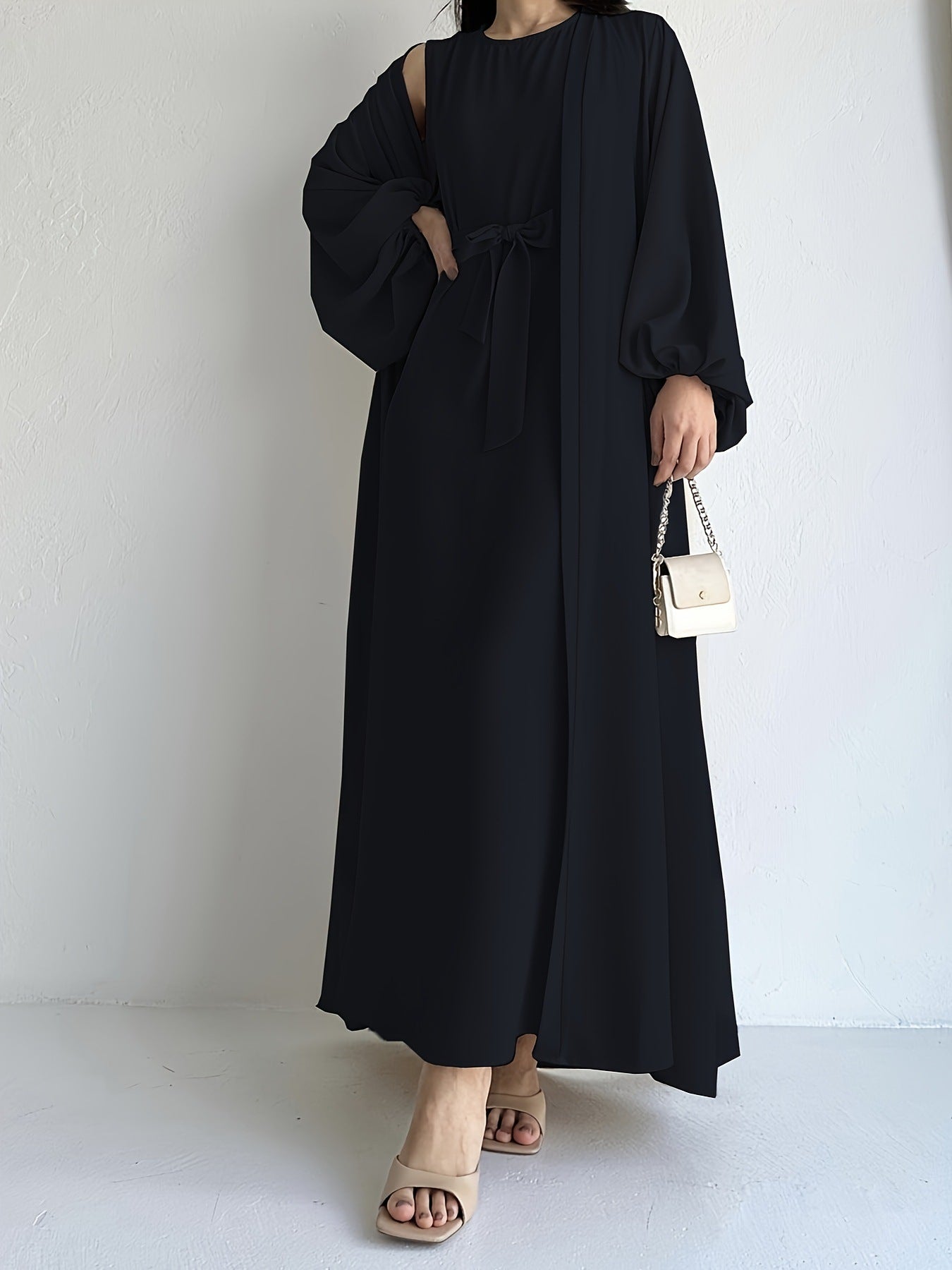 HS0479 Two Pieces Set Nidha Open Abaya with Bubble Sleeves and Inner Dress