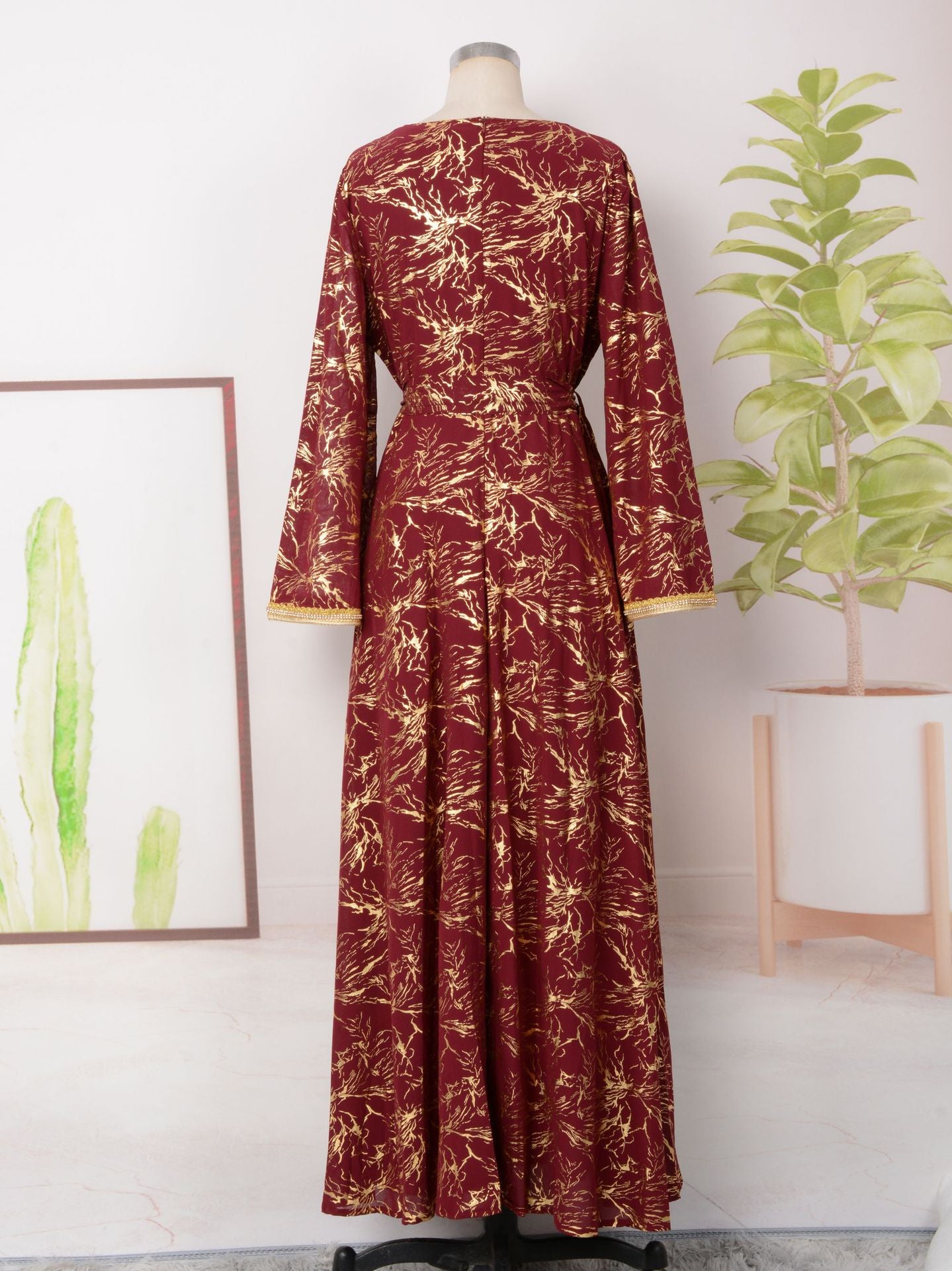 HS6731 V-neck gold-embroidered robe maxi dress