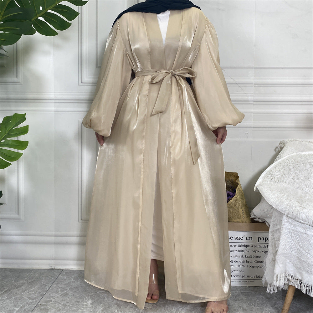 HASASERIES HS0929 Shiny Silk Balloon Sleeves Lined Cardigan