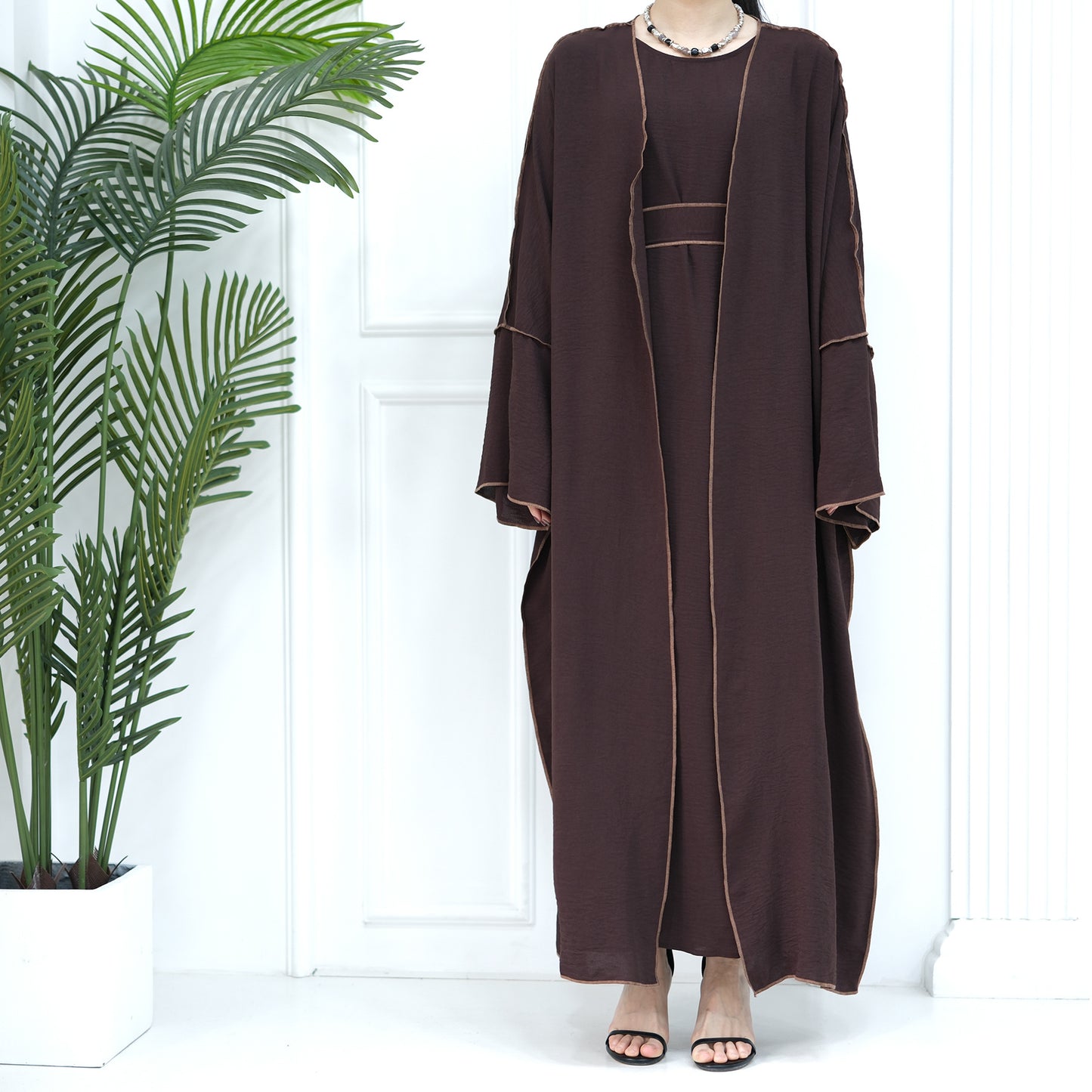 HASASERIES HS1095 3pcs Set Cardigan+without Sleeves Inner Dress+Hijab