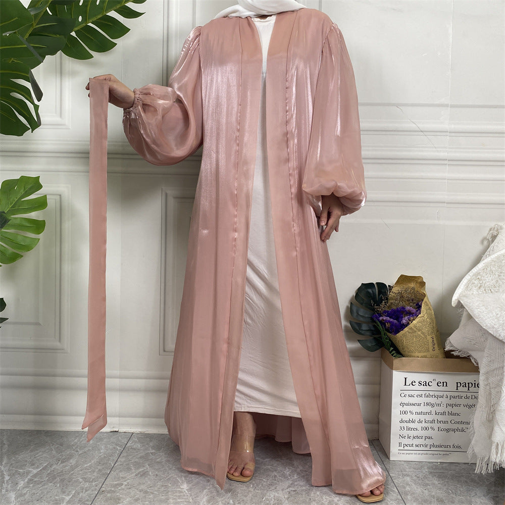 HASASERIES HS0929 Shiny Silk Balloon Sleeves Lined Cardigan