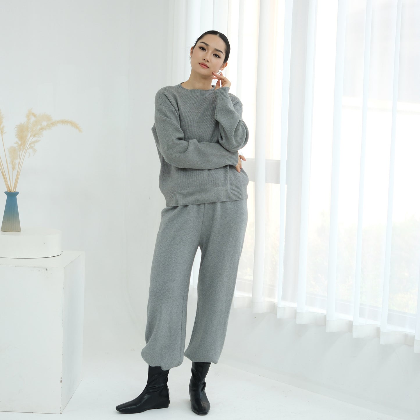 HS6595 Autumn and Winter Thickened Knitted Suit (Not Including Headscarf) | Simple Solid Color Two-Piece Suit