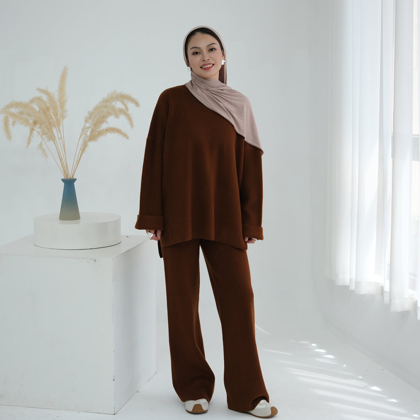 HS6599 Autumn and Winter Thickened Knitted Suit Solid Color Two-piece Suit (excluding Headscarf) Top + Trousers