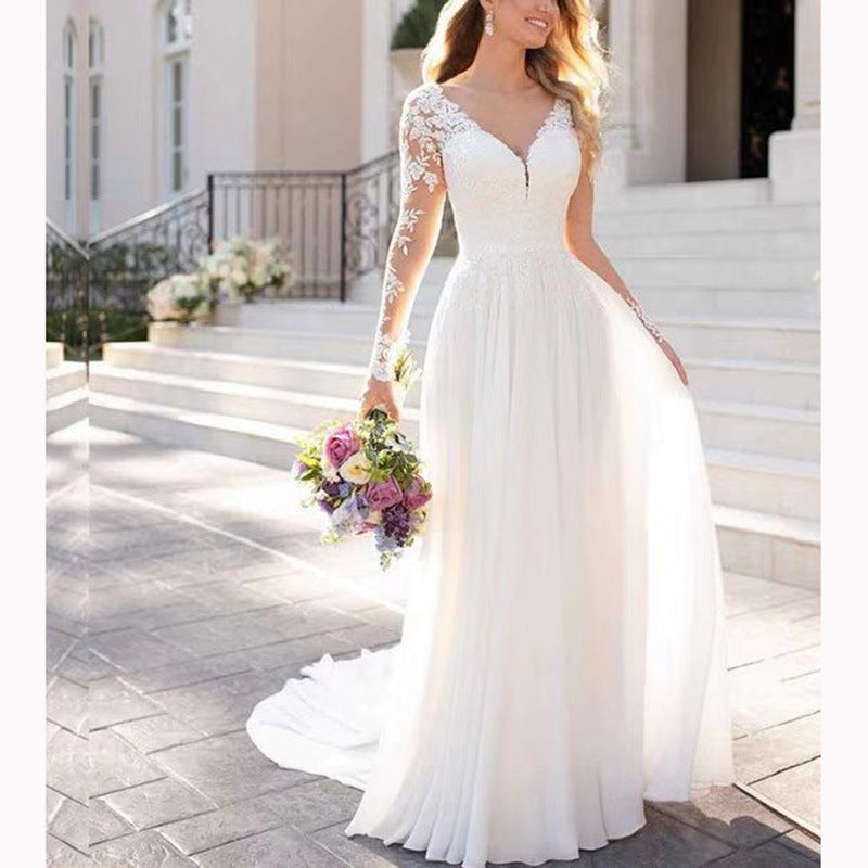 HS3494 robe de mariée légère en dentelle à dos nu et à manches longues et col en V