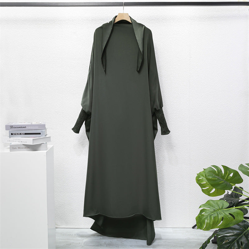 HS10067 Jilbab de prière musulman de couleur unie Mukena avec tissu doux et poignets élastiqués et hijab instantané attachable