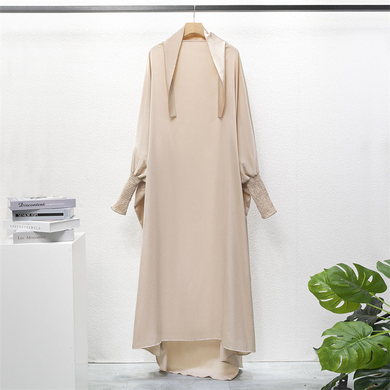 HS10067 Jilbab de prière musulman de couleur unie Mukena avec tissu doux et poignets élastiqués et hijab instantané attachable