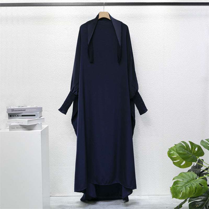HS10067 Jilbab de prière musulman de couleur unie Mukena avec tissu doux et poignets élastiqués et hijab instantané attachable