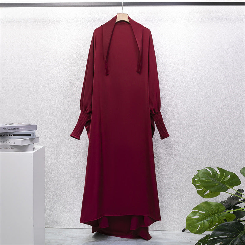HS10067 Jilbab de prière musulman de couleur unie Mukena avec tissu doux et poignets élastiqués et hijab instantané attachable