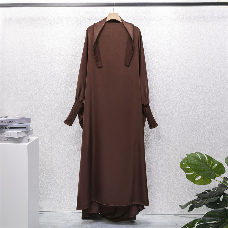 HS10067 Jilbab de prière musulman de couleur unie Mukena avec tissu doux et poignets élastiqués et hijab instantané attachable